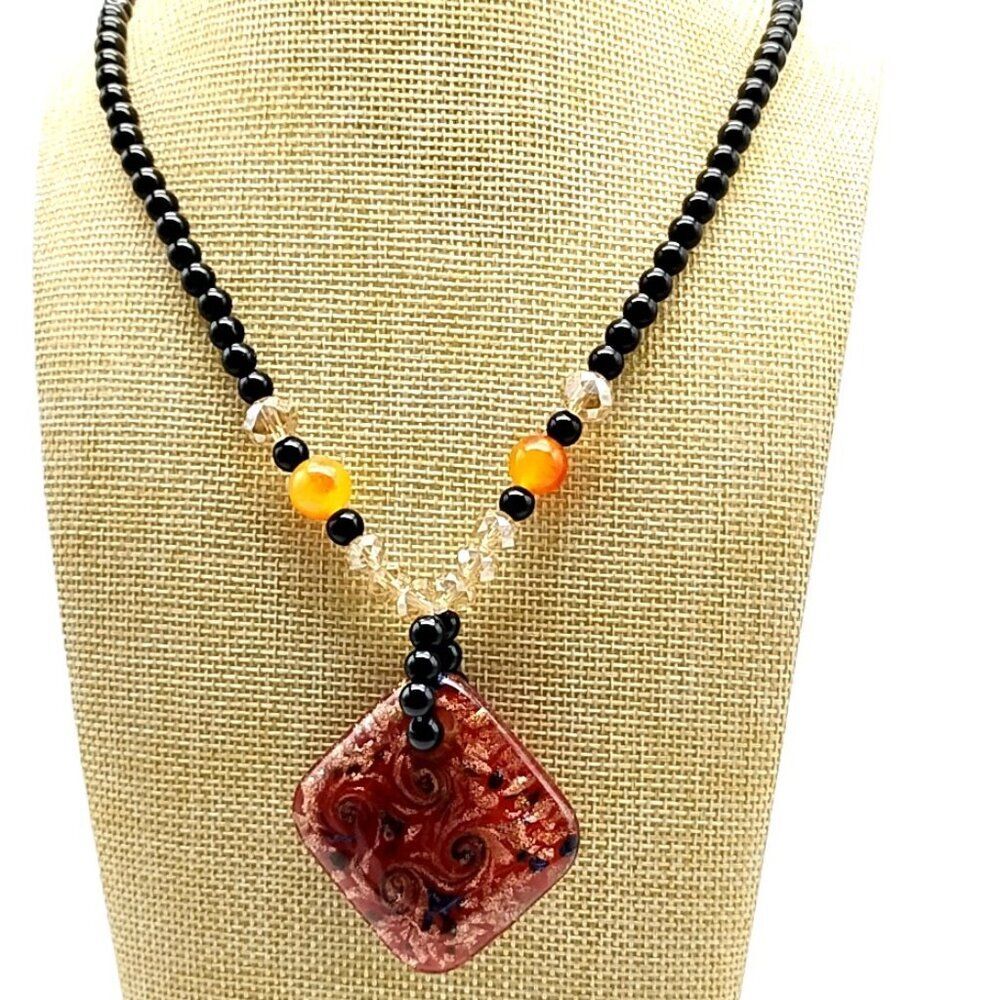 Handcrafted Black Onyx Beaded Necklace with Red-Orange Swirl Art Glass Pendant